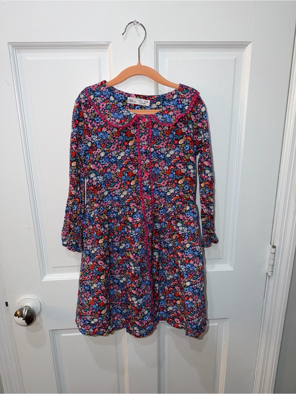 Zara Girls Navy Floral Long-Sleeve Dress with Pink Trim